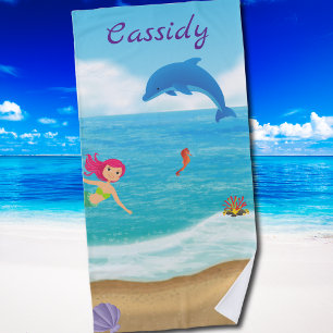 Fun in the Sun Mermaid Dolphin Beach Personalised Beach Towel