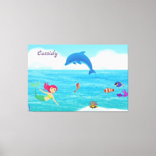 Fun in the Sun Mermaid Dolphin Beach Personalised Canvas Print (Front)