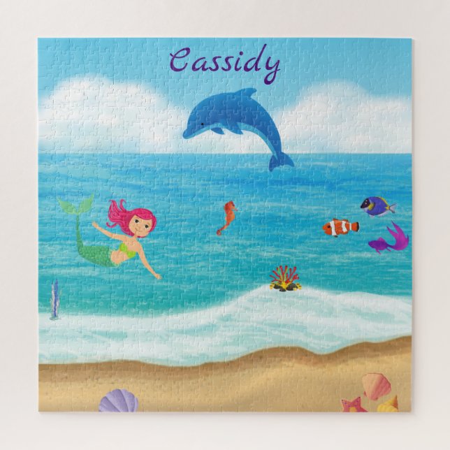 Fun in the Sun Mermaid Dolphin Beach Personalised Jigsaw Puzzle (Vertical)