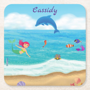 Fun in the Sun Mermaid Dolphin Beach Personalised Square Paper Coaster