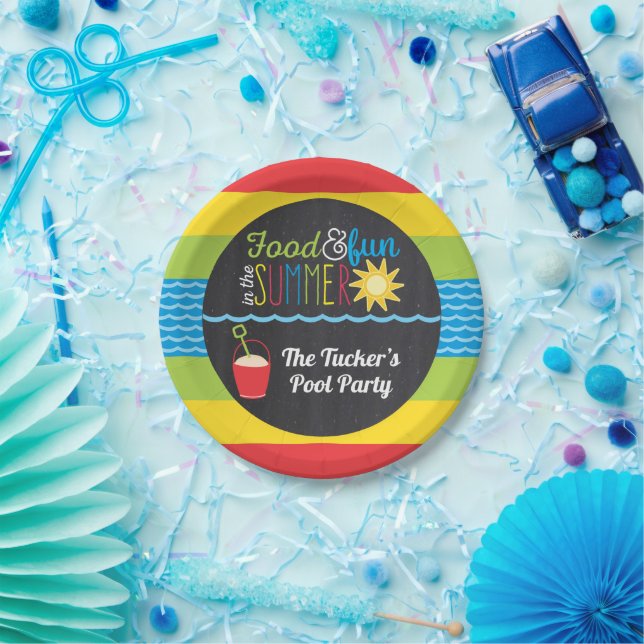 Fun in the Sun Pool Party Colourful Chalkboard Paper Plate (Party)
