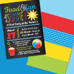 Fun in the Sun Summer Pool Party Colours Chalkboar Invitation<br><div class="desc">This summer party design features bright primary colours of red, blue, yellow and green accented with waves, a sun, a sand pail and shovel and a beach ball. Click the customise button for more flexibility in adjusting the text! Variations of this design as well as coordinating products are available in...</div>