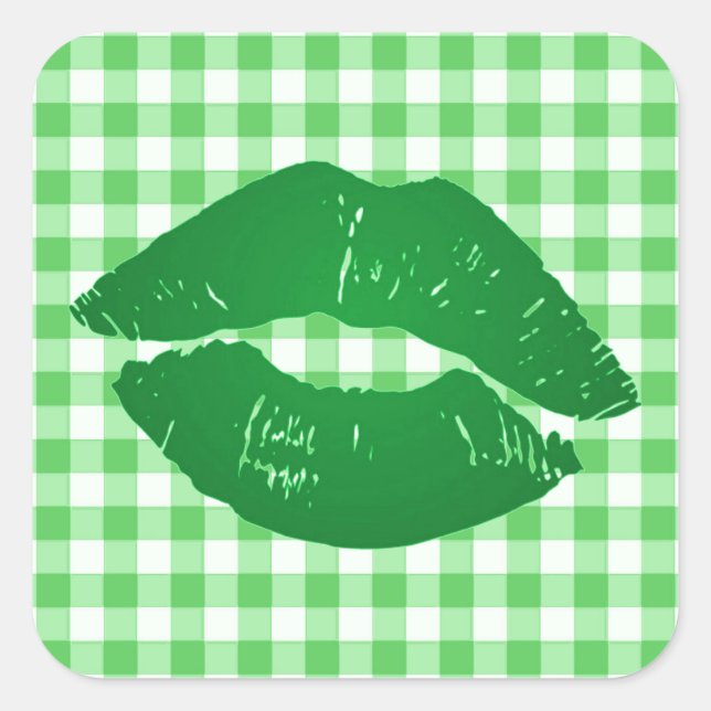 Fun Irish Kiss on Green Gingham St Patrick's Day Square Sticker (Front)