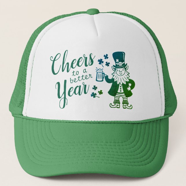 Fun Irish Leprechaun with beer and clover Trucker Hat (Front)