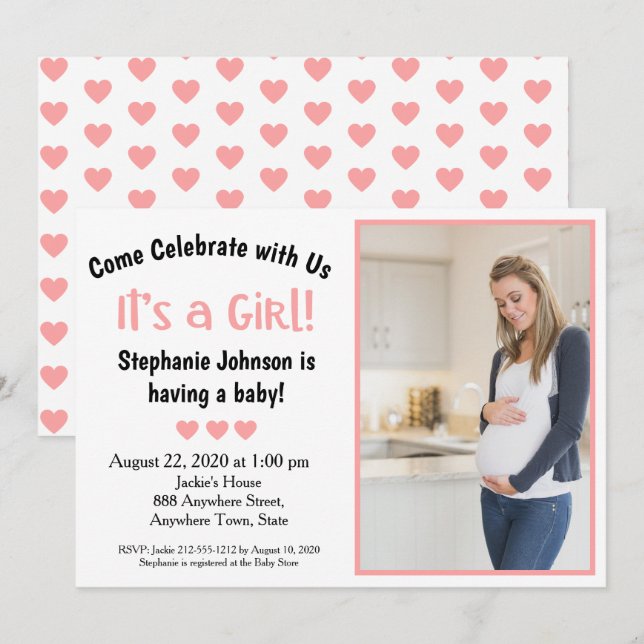 Fun It's a Girl Baby Shower Pink Hearts Photo  Invitation (Front/Back)