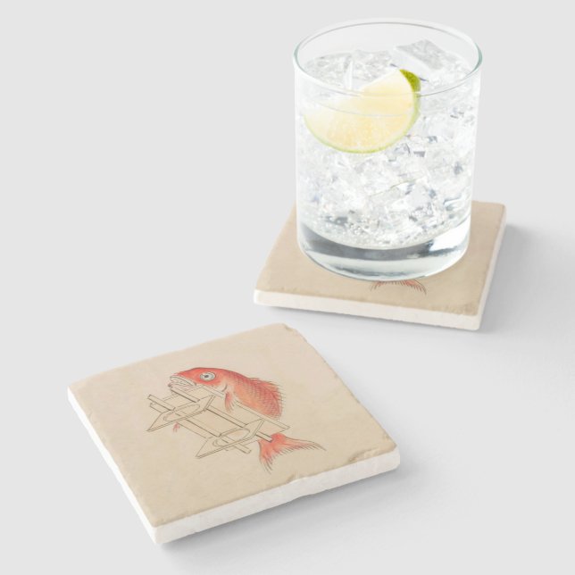Fun Japanese Vintage Fish Yokai Stone Coaster (Side)