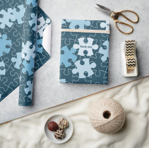 Fun Jigsaw Puzzle Pieces in Blue Custom Thank You Wrapping Paper