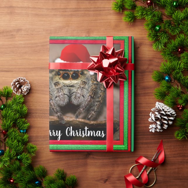 Fun Jumping Spider in Santa Hat Christmas  Wrapping Paper (Holiday Gift)