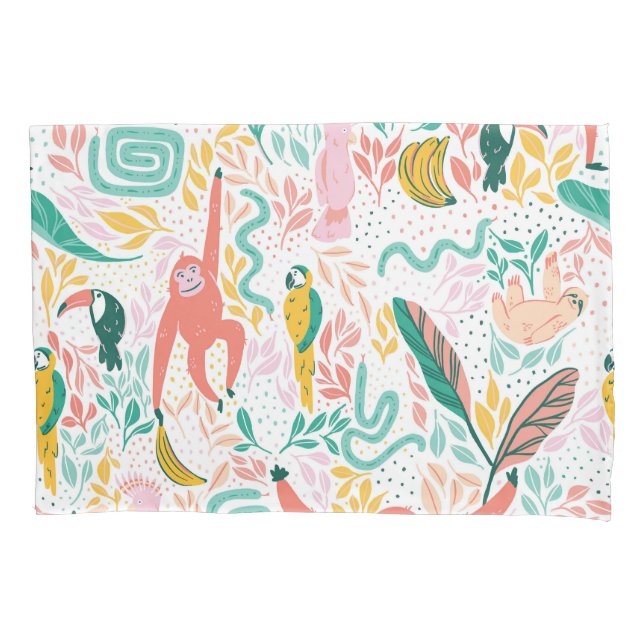 Fun Jungle happy animals and pink tropical leaves Pillowcase (Front)