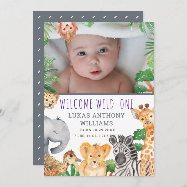 Fun Jungle Safari Animal Baby Birth Announcement   (Front/Back)