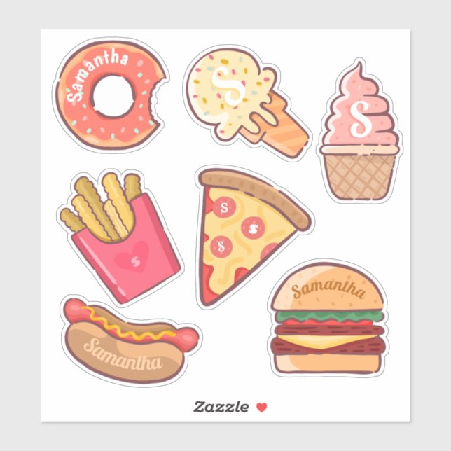 Fun Junk Food Cartoons Custom Name & Monogram (Sheet)