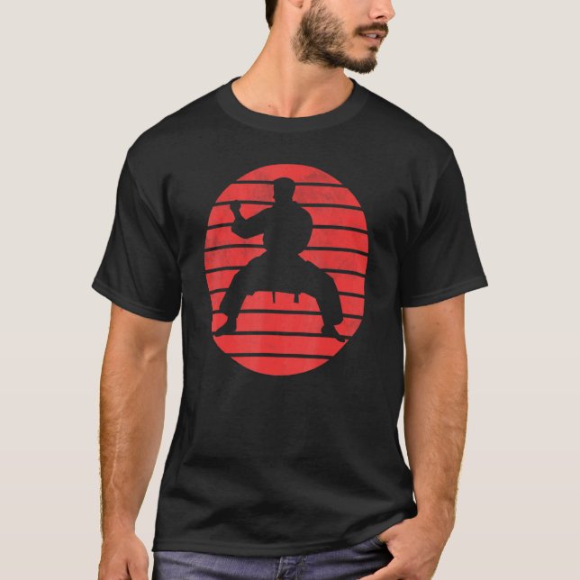 Fun Karate Pose Silhouette On A Red Sunset Backgro T-Shirt (Front)