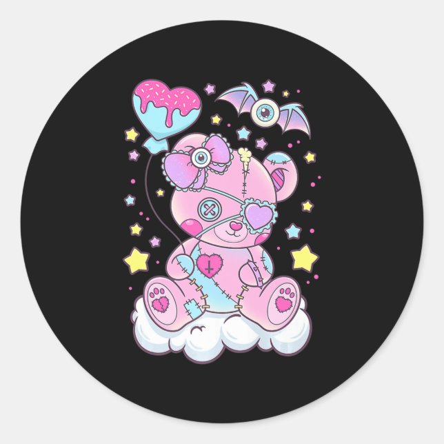 Fun Kawaii Pastel Goth Cute Creepy Bear Anime Japa Classic Round Sticker (Front)