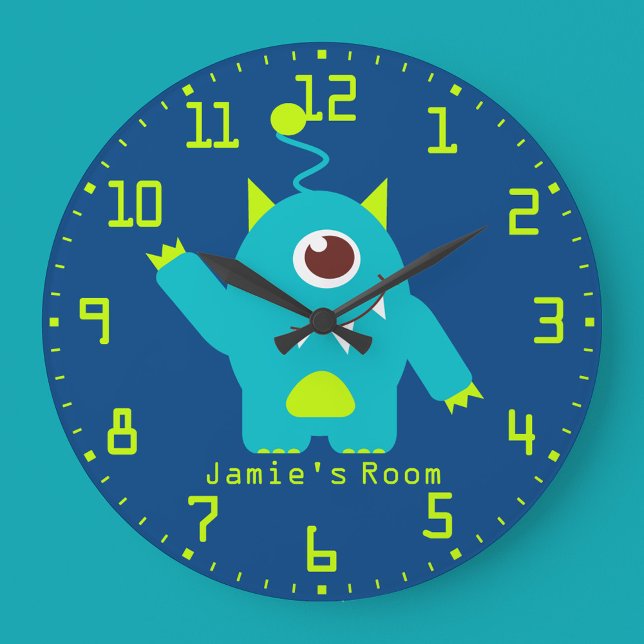 Fun kids alien blue aqua and green wall clock (Creator Uploaded)