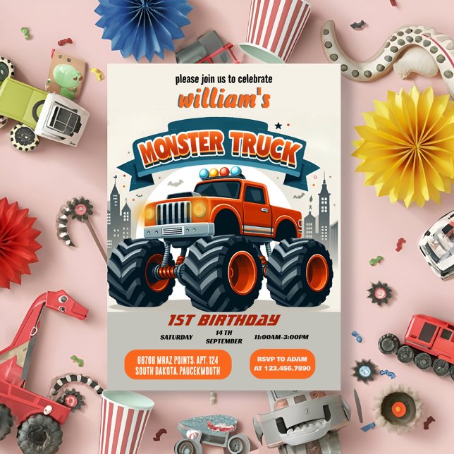 fun kids boy cars cool monster truck 1st birthday invitation (Creator Uploaded)