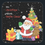 Fun Kids Christmas Personalised Gift Square Sticker<br><div class="desc">Kids personalised gift tag sticker,  featuring an cute illustration of santa claus,  presents and a christmas tree on a black background and a snow overlay for that magical effect. Makes labelling up all those gifts fun and easy.</div>