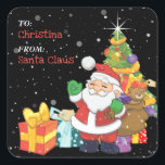 Fun Kids Christmas Personalised Gift Square Sticker<br><div class="desc">Kids personalised gift tag sticker,  featuring an cute illustration of santa claus,  presents and a christmas tree on a black background and a snow overlay for that magical effect. Makes labelling up all those gifts fun and easy.</div>