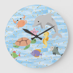 Fun kids cute sea animals dolphin turtle starfish large clock
