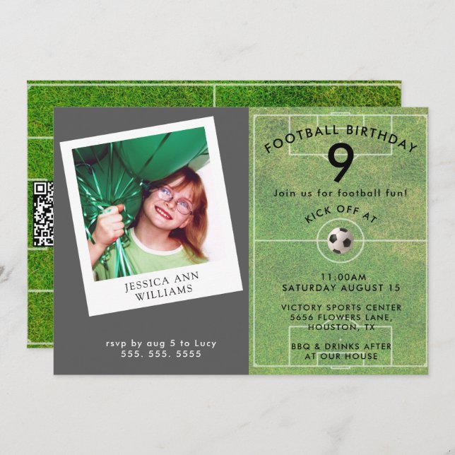 Fun Kids Football, Photo QR Code Birthday Party Invitation (Front/Back)