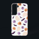 Fun Kids Halloween Pattern Samsung Galaxy Case<br><div class="desc">This design features a playful and colourful Halloween pattern with a minimalist design. The pattern includes simple, rounded shapes of jack-o'-lanterns, ghosts, skulls, and bats, all scattered across a white background. The colour palette is soft yet vibrant, with pumpkins in shades of orange, ghosts in pale peach, skulls in lavender,...</div>