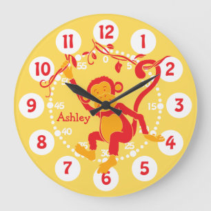 Fun kids name monkey red & yellow wall clock