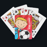 Fun kids red soccer named playing cards<br><div class="desc">Fun cute kids playing card game set. A perfect gift for young soccer fans. Customise this set with your child's name. Currently reads Jamie's deck. Uniquely designed by Sarah Trett.</div>