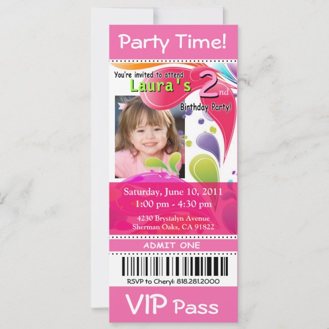 Fun Kids VIP Pass Event Ticket Photo Party (pink) Invitation (Front)