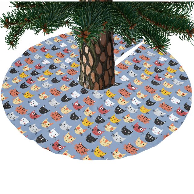 Fun Kitty Cat Pattern Blue Brushed Polyester Tree Skirt (Fun kitty cat pattern festive Christmas tree skirt)