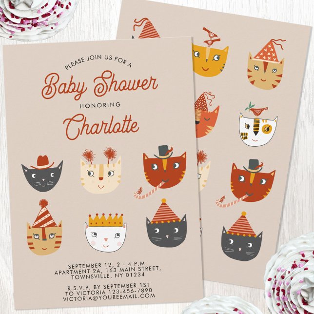 Fun Kitty Cat Personalised Baby Shower Invitation (Personalized cute kitty cat gendern neutral boy or girl baby shower invitation)