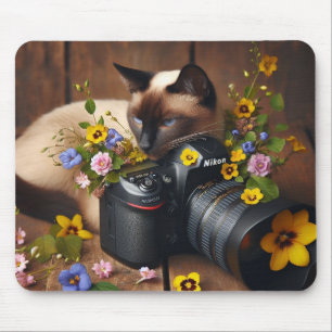 Fun Kitty with Flowers and Camera Mousepad