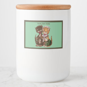 Fun Lady Cat Giving Rats to Male Cat on Green Food Label