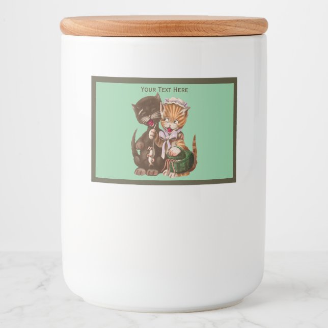 Fun Lady Cat Giving Rats to Male Cat on Green Food Label (Front)