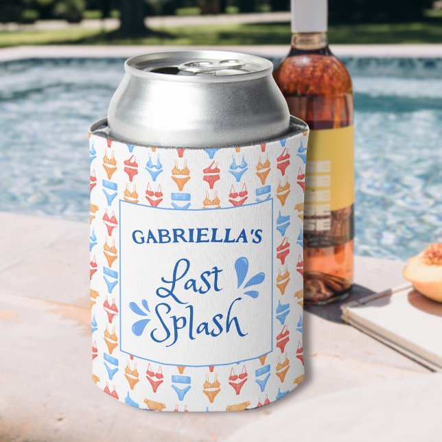 Fun "Last Splash" Theme Personalised Bachelorette Can Cooler (Personalized Bachelorette Can Cooler - Last Splash Pool Party Favor with Fun Bikini Design!)