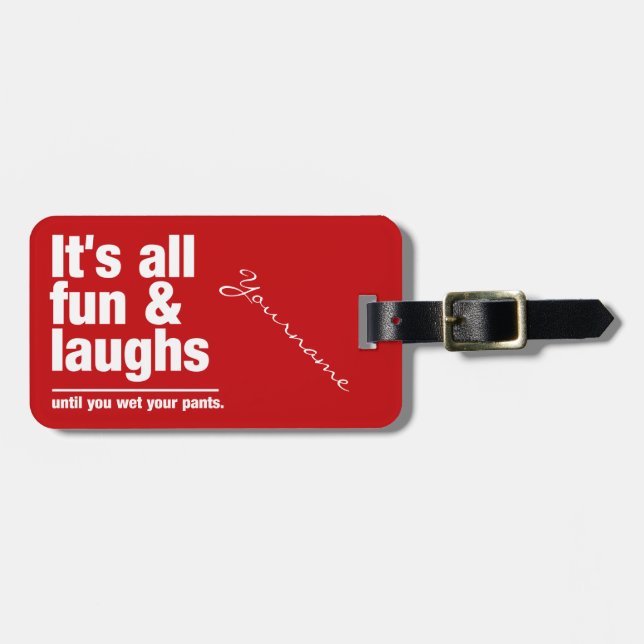 FUN & LAUGHS custom colour luggage tag (Front Horizontal)