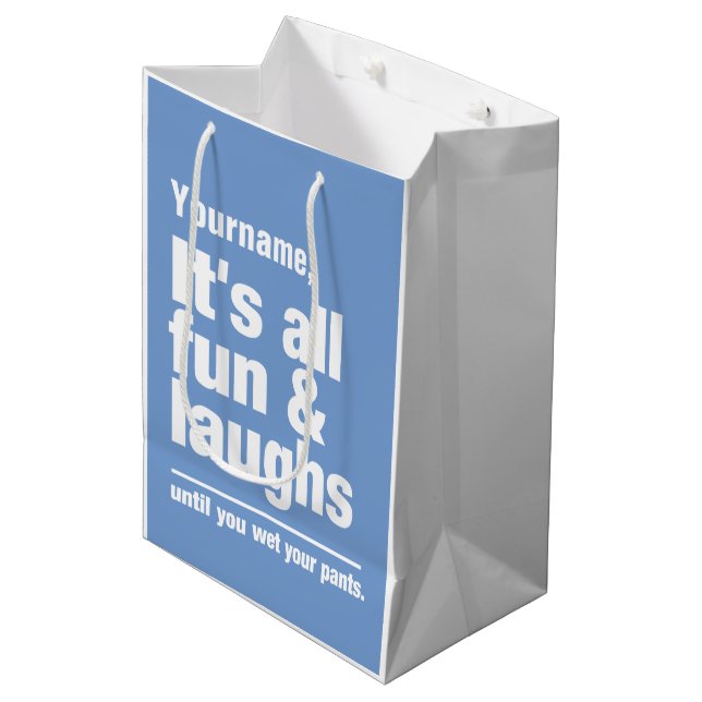 FUN & LAUGHS custom colour & name gift bags (Front Angled)