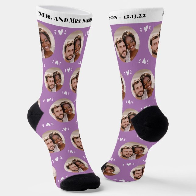 Fun Lavender Newlyweds Photo Pattern Wedding Socks (Angled)