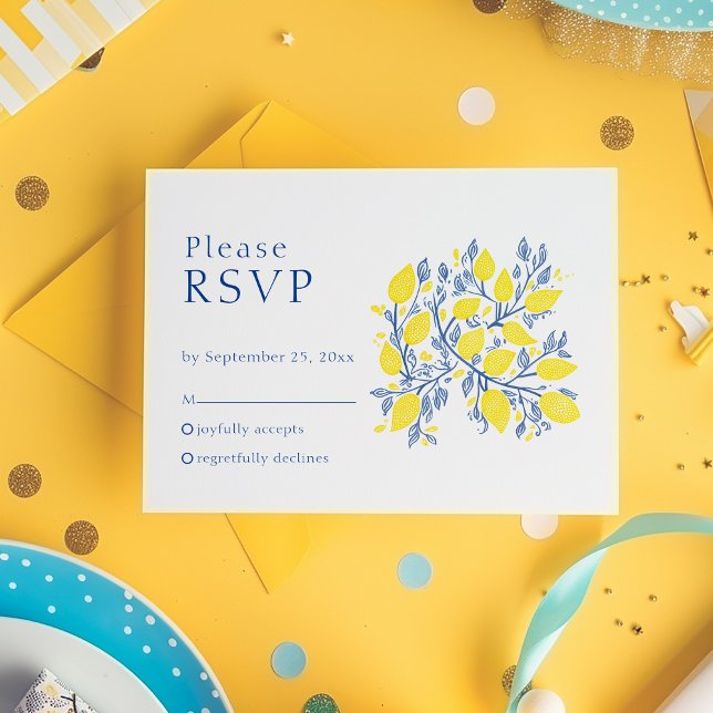 Fun lemon vines RSVP card (Bright yellow and blue Lemon Vines RSVP Response Card.)