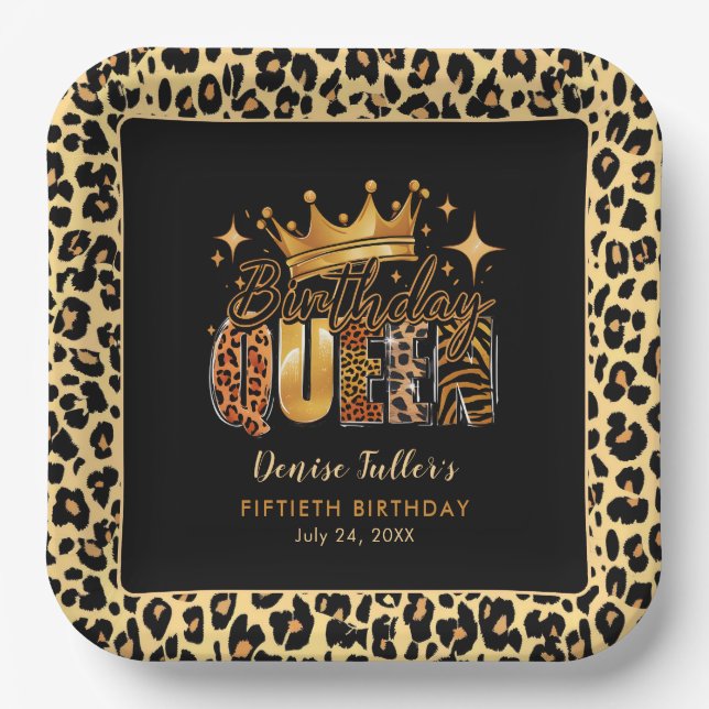 Fun Leopard Birthday Queen Fifty Birthday Paper Plate (Front)