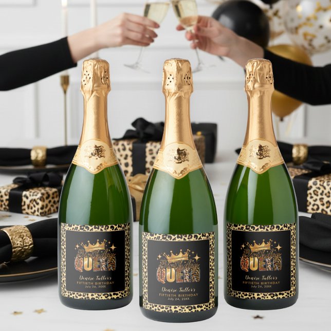Fun Leopard Birthday Queen Fifty Birthday Sparkling Wine Label (Creator Uploaded)