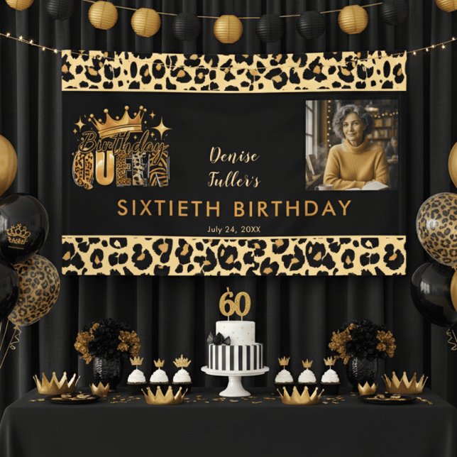 Fun Leopard Birthday Queen Sixty Photo Birthday Banner (Creator Uploaded)