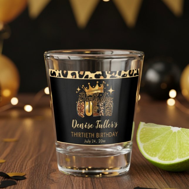 Fun Leopard Birthday Queen Thirty Birthday Shot Glass (Creator Uploaded)