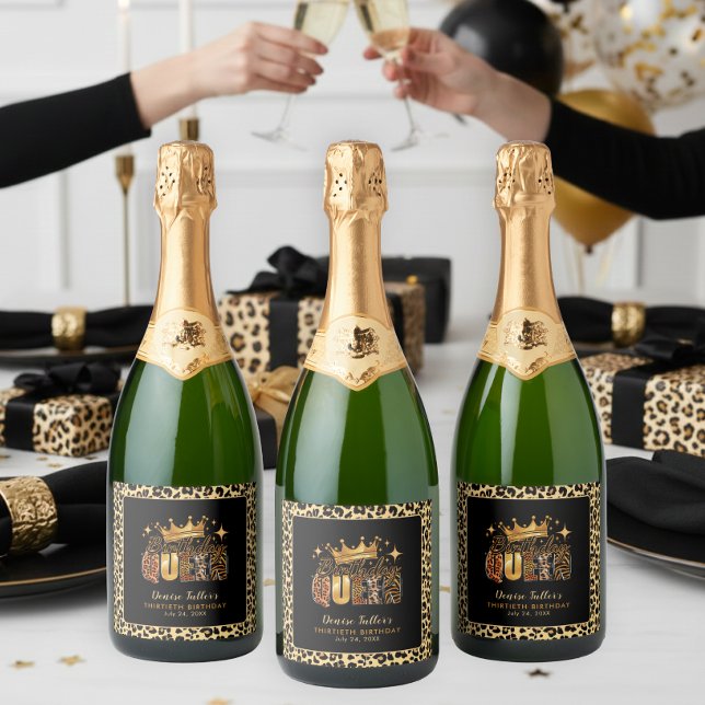 Fun Leopard Birthday Queen Thirty Birthday Sparkling Wine Label (Creator Uploaded)