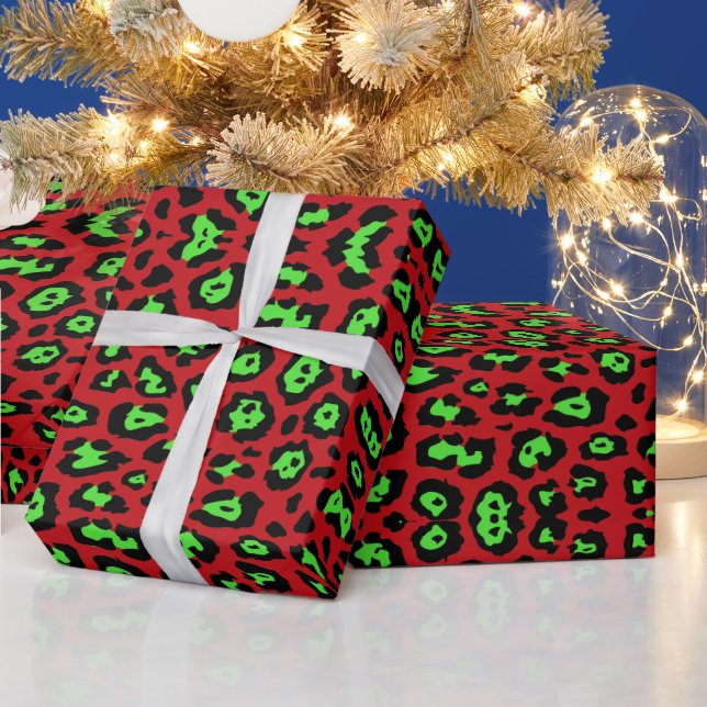 Fun leopard print animal pattern neon green red wrapping paper (Holidays)