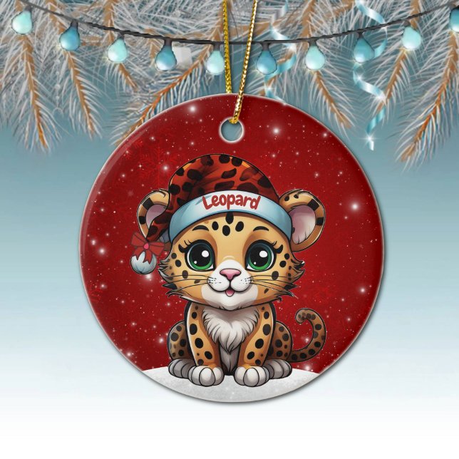Fun Leopard Red Sparkle Animal Print Lover 🐆🐈🐾 Ceramic Tree Decoration (Custom Name Leopard Red Sparkle Ornament Personalizable cat lover Decor Kitten Xmas Decoration 🐆🎄)