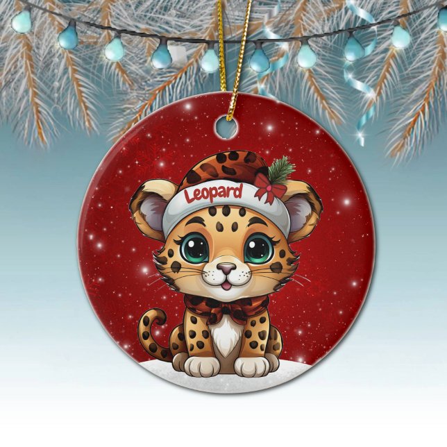 Fun Leopard Red Sparkle Animal Print Lover 🐆🐈🐾 Ceramic Tree Decoration (Personalizable Kitten Xmas Decoration Customizable Name Leopard Decor Cat Berry Red Ornament  🐆🎄)