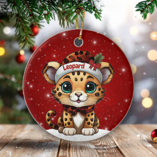 Fun Leopard Red Sparkle Animal Print Lover 🐆🐈🐾 Ceramic Tree Decoration