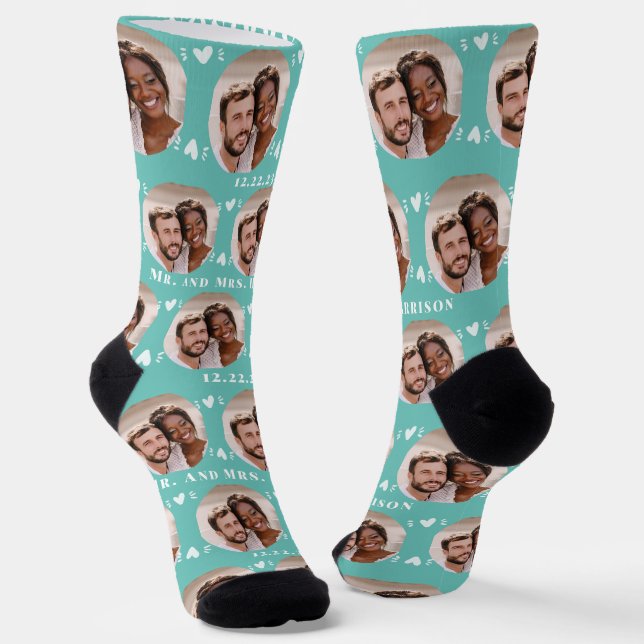 Fun Light Teal Newlyweds Photo Pattern Socks (Angled)
