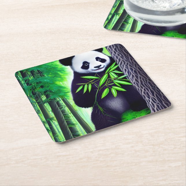 Fun Little Panda Bear Square Paper Coaster (Angled)