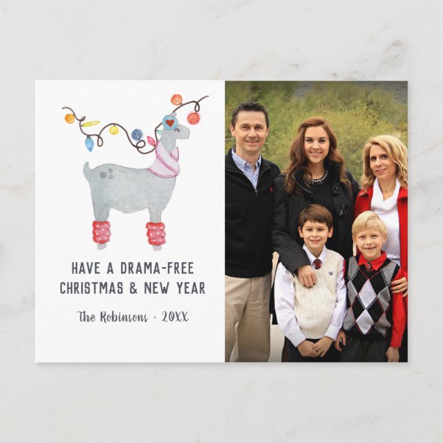 Fun Llama themed Christmas Family Photo Holiday Postcard (Front)