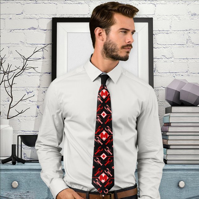 Fun Lobster & Monogram Pattern | Red & Black Tie (Creator Uploaded)